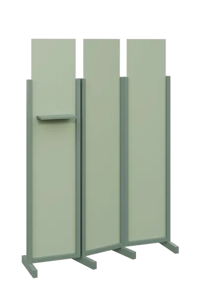 ATMOSFERE LINE 319, dřevěný 3-dílný paraván, mobilní, výška 1900 mm, rám industrial green, výplň pistáciově zelená, polička