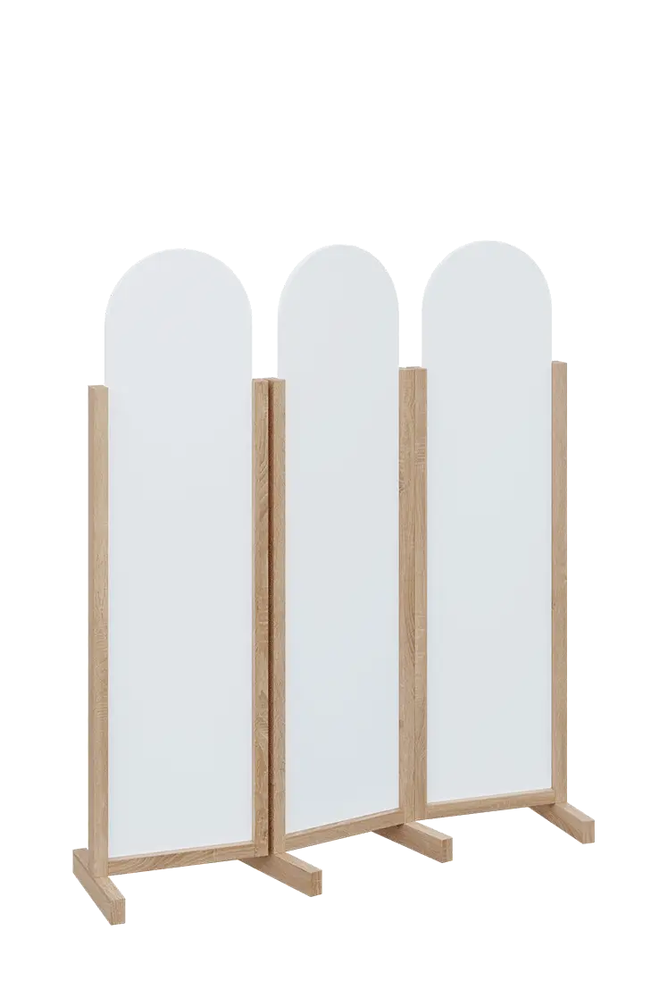 ATMOSFERE ROUND 116, dřevěný 3-dílný paraván, mobilní, výška 1600 mm, rám dub bardolino, výplň bílá