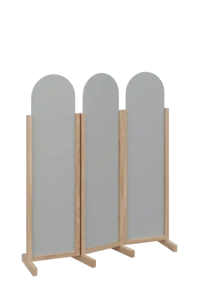 ATMOSFERE ROUND 116, dřevěný 3-dílný paraván, mobilní, výška 1600 mm, rám dub bardolino, výplň šedá