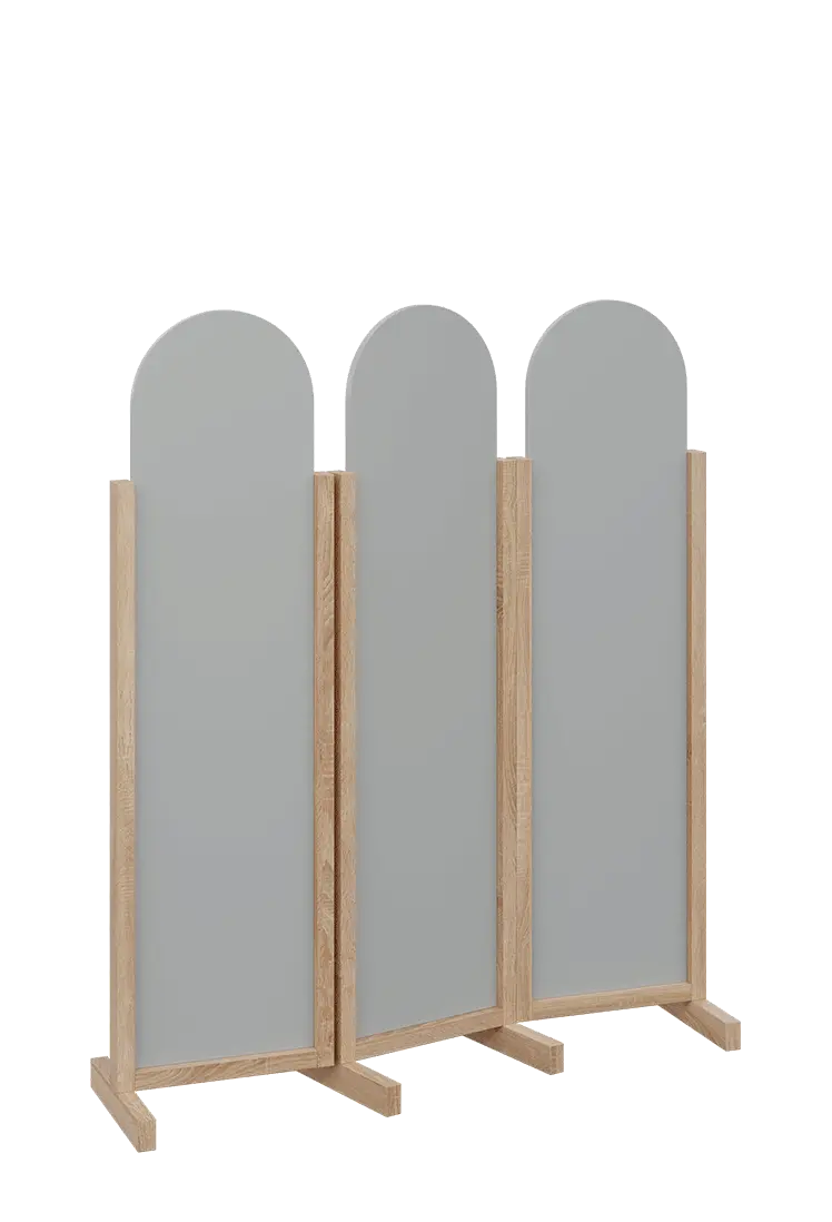 ATMOSFERE ROUND 116, dřevěný 3-dílný paraván, mobilní, výška 1600 mm, rám dub bardolino, výplň šedá