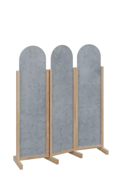 ATMOSFERE ROUND 116, dřevěný 3-dílný paraván, mobilní, výška 1600 mm, rám dub bardolino, výplň beton šedý