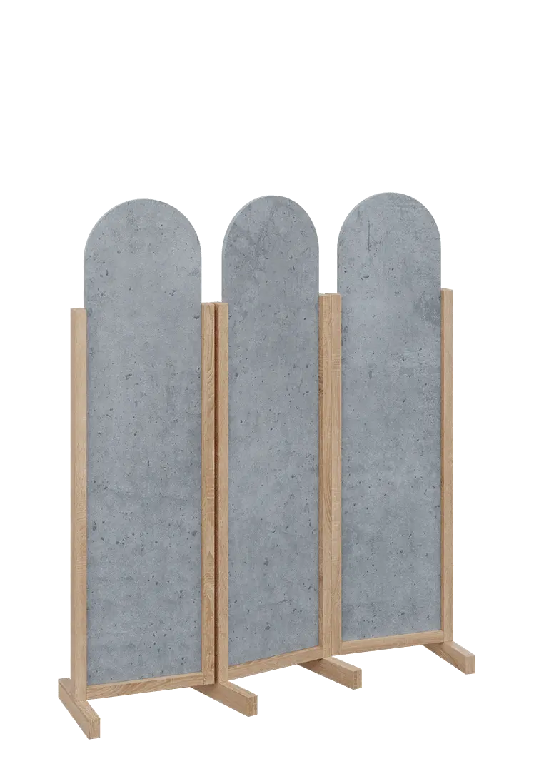 ATMOSFERE ROUND 116, dřevěný 3-dílný paraván, mobilní, výška 1600 mm, rám dub bardolino, výplň beton šedý