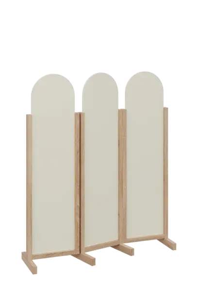 ATMOSFERE ROUND 116, dřevěný 3-dílný paraván, mobilní, výška 1600 mm, rám dub bardolino, výplň smetanová