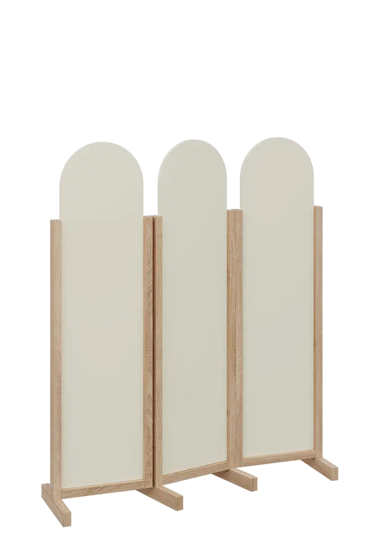 ATMOSFERE ROUND 116, dřevěný 3-dílný paraván, mobilní, výška 1600 mm, rám dub bardolino, výplň smetanová