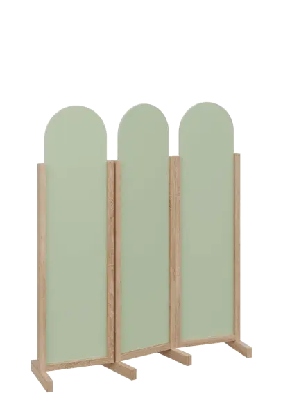 ATMOSFERE ROUND 116, dřevěný 3-dílný paraván, mobilní, výška 1600 mm, rám dub bardolino, výplň šedo-zelinkavá