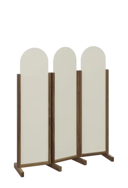 ATMOSFERE ROUND 116, dřevěný 3-dílný paraván, mobilní, výška 1600 mm, rám ořech královský, výplň smetanová