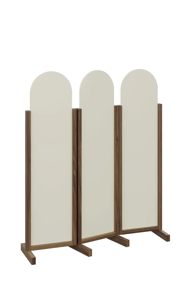 ATMOSFERE ROUND 116, dřevěný 3-dílný paraván, mobilní, výška 1600 mm, rám ořech královský, výplň smetanová