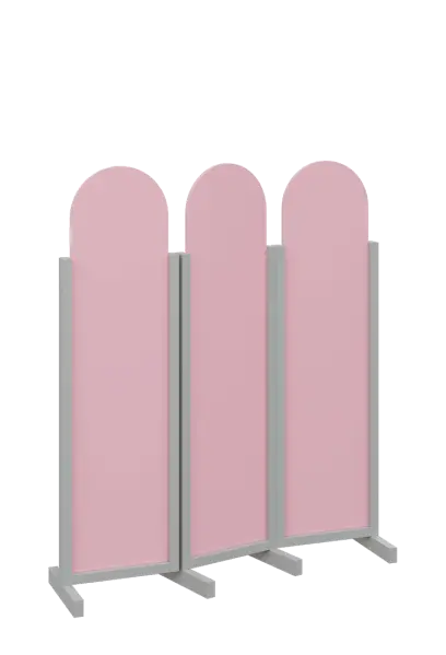 ATMOSFERE ROUND 116, dřevěný 3-dílný paraván, mobilní, výška 1600 mm, rám šedá, výplň pastelově růžová