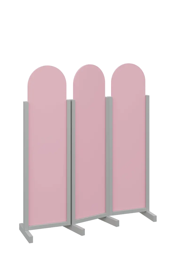 ATMOSFERE ROUND 116, dřevěný 3-dílný paraván, mobilní, výška 1600 mm, rám šedá, výplň pastelově růžová