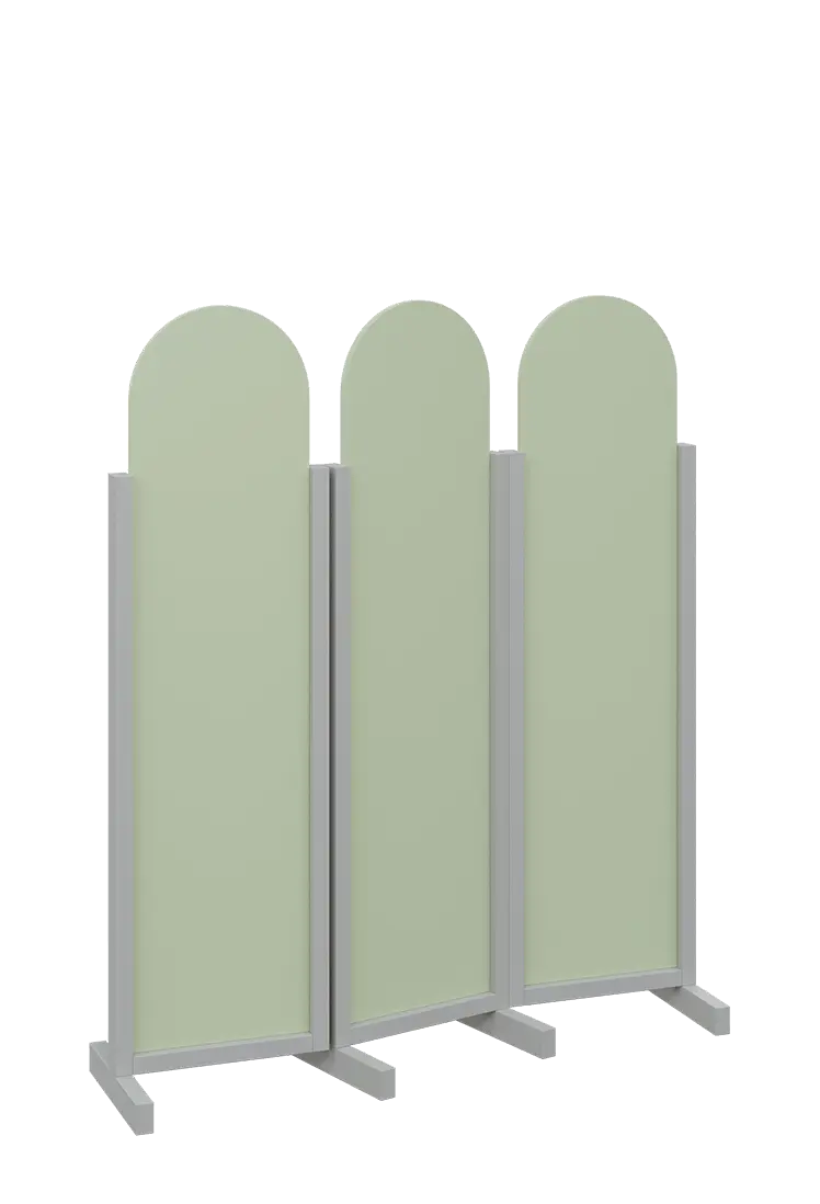 ATMOSFERE ROUND 116, dřevěný 3-dílný paraván, mobilní, výška 1600 mm, rám šedá, výplň šedo-zelinkavá