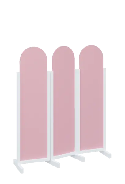 ATMOSFERE ROUND 116, dřevěný 3-dílný paraván, mobilní, výška 1600 mm, rám bílá, výplň pastelově růžová