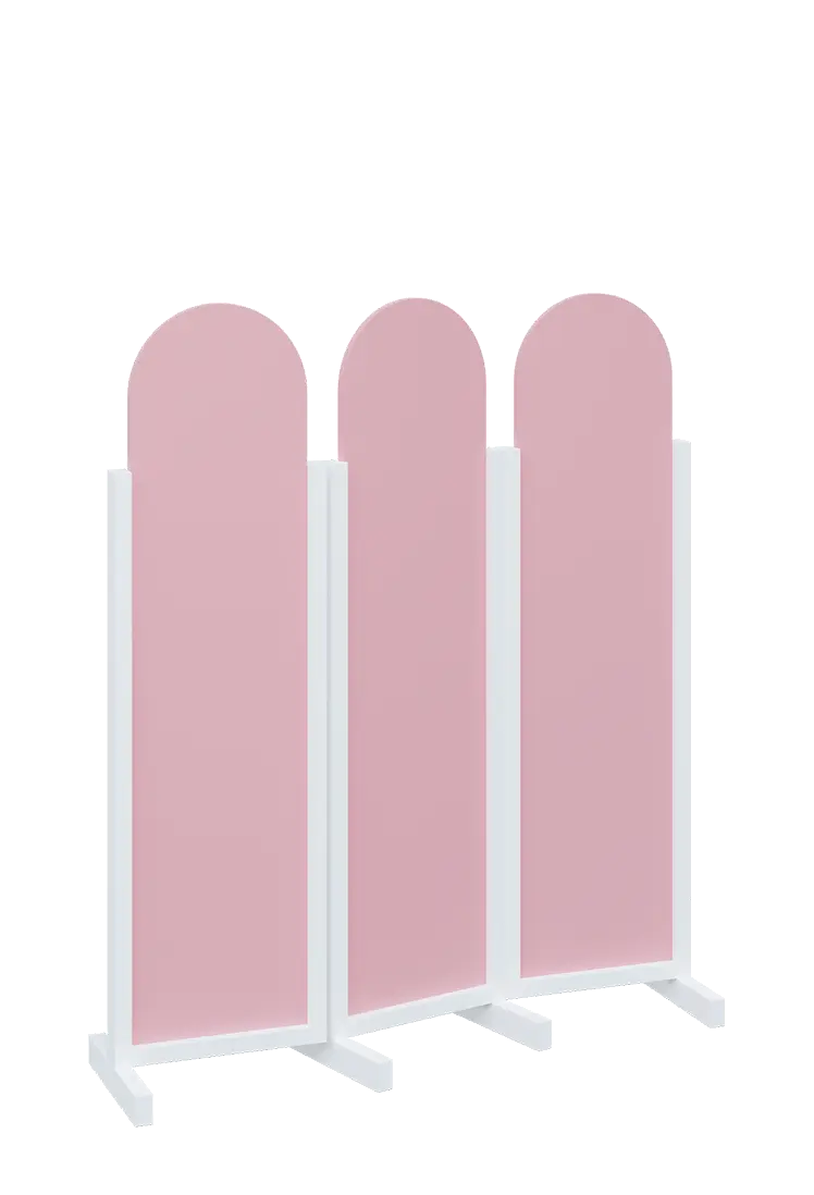 ATMOSFERE ROUND 116, dřevěný 3-dílný paraván, mobilní, výška 1600 mm, rám bílá, výplň pastelově růžová