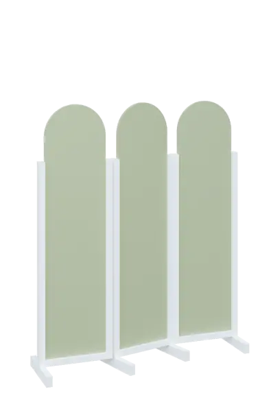 ATMOSFERE ROUND 116, dřevěný 3-dílný paraván, mobilní, výška 1600 mm, rám bílá, výplň šedo-zelinkavá