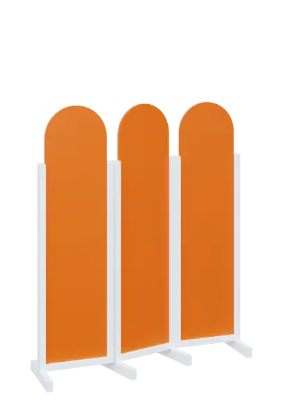 ATMOSFERE ROUND 116, dřevěný 3-dílný paraván, mobilní, výška 1600 mm, rám bílá, výplň pomeranč