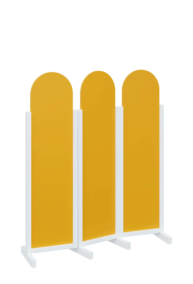 ATMOSFERE ROUND 116, dřevěný 3-dílný paraván, mobilní, výška 1600 mm, rám bílá, výplň žlutá odio