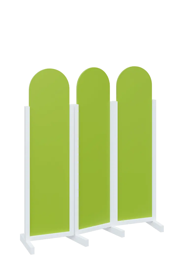 ATMOSFERE ROUND 116, dřevěný 3-dílný paraván, mobilní, výška 1600 mm, rám bílá, výplň jarní zeleň