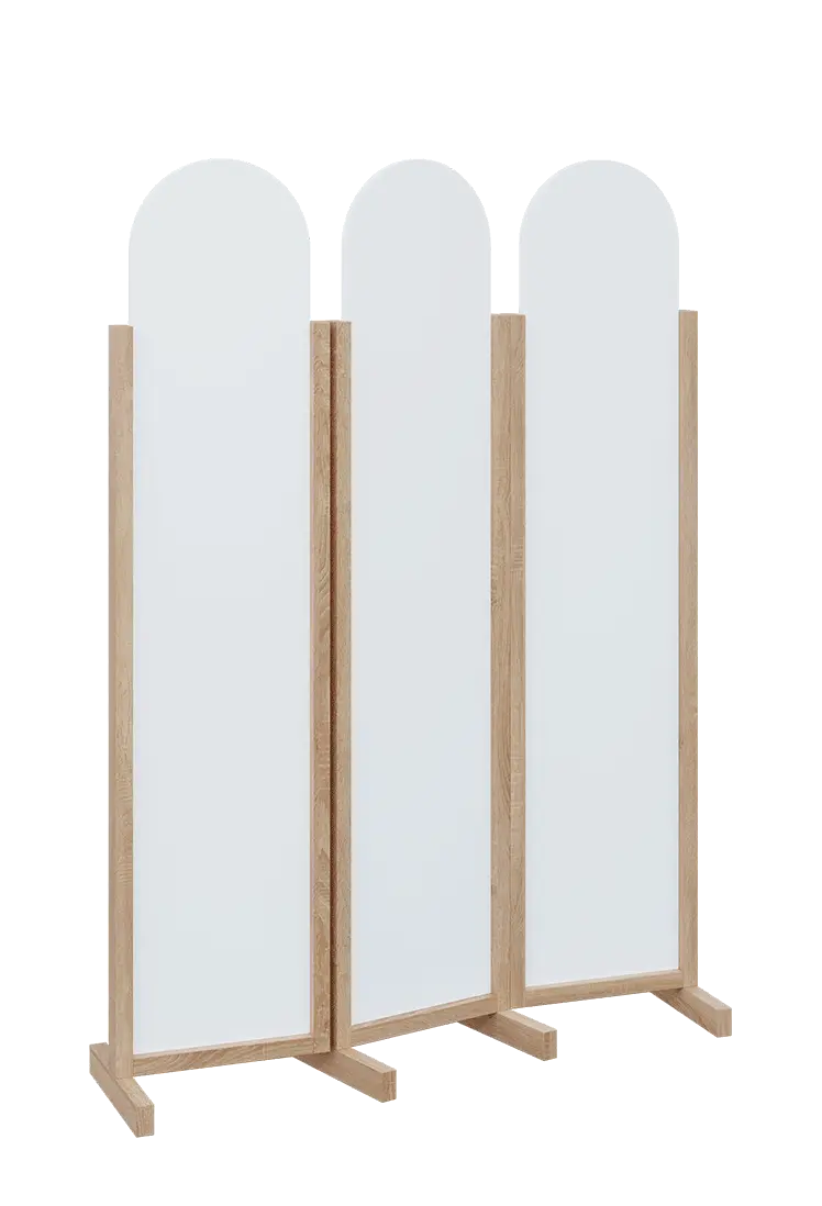 ATMOSFERE ROUND 119, dřevěný 3-dílný paraván, mobilní, výška 1900 mm, rám dub bardolino, výplň bílá