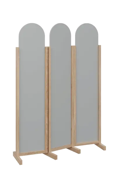 ATMOSFERE ROUND 119, dřevěný 3-dílný paraván, mobilní, výška 1900 mm, rám dub bardolino, výplň šedá