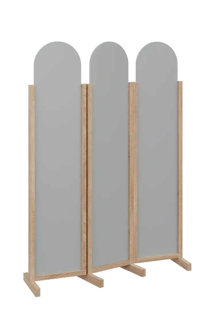 ATMOSFERE ROUND 119, dřevěný 3-dílný paraván, mobilní, výška 1900 mm, rám dub bardolino, výplň šedá