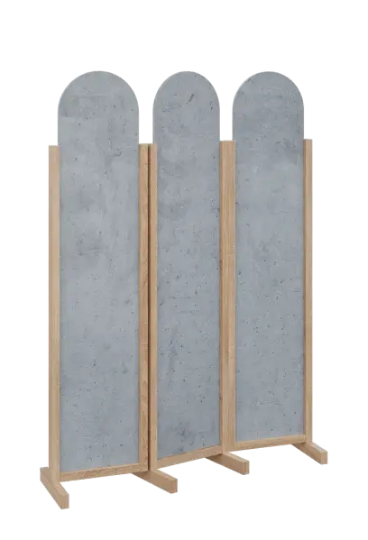 ATMOSFERE ROUND 119, dřevěný 3-dílný paraván, mobilní, výška 1900 mm, rám dub bardolino, výplň beton šedý