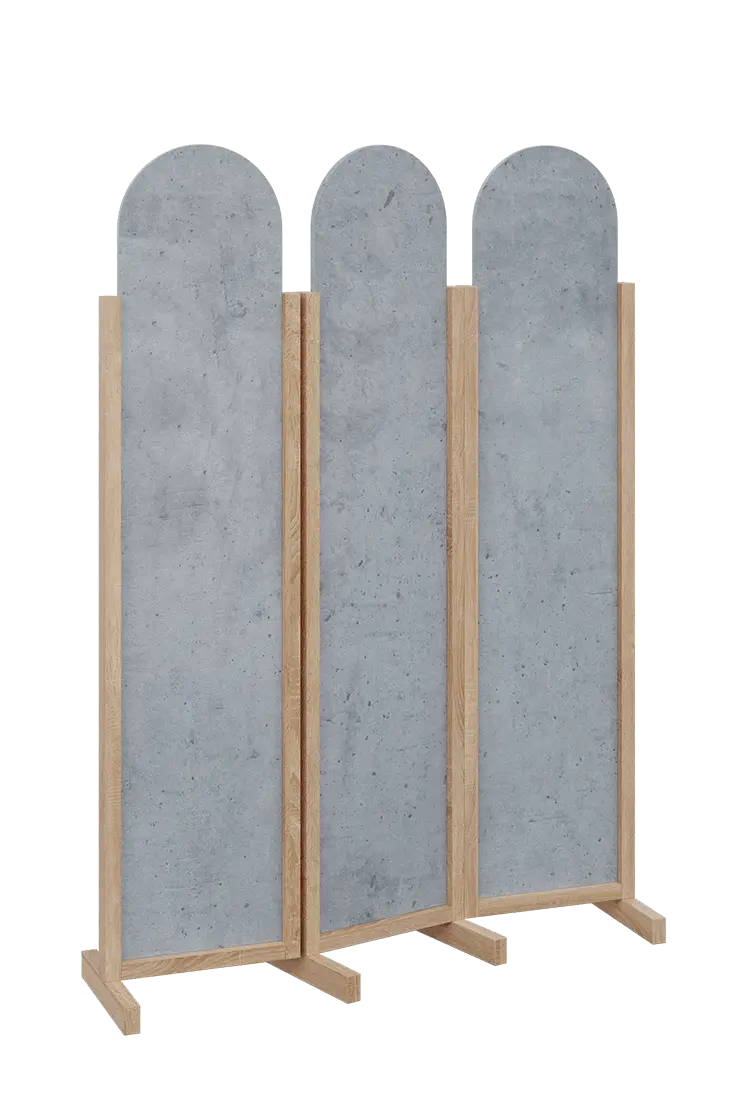 ATMOSFERE ROUND 119, dřevěný 3-dílný paraván, mobilní, výška 1900 mm, rám dub bardolino, výplň beton šedý