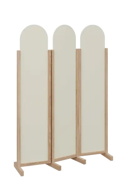 ATMOSFERE ROUND 119, dřevěný 3-dílný paraván, mobilní, výška 1900 mm, rám dub bardolino, výplň smetanová