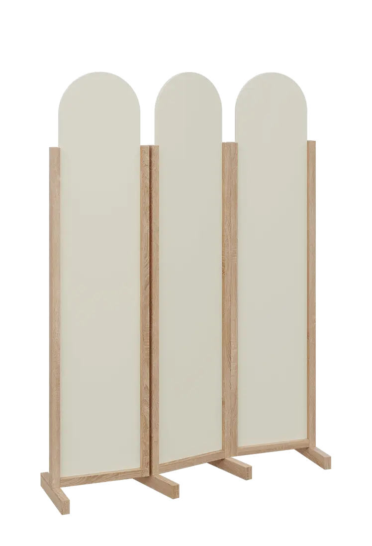 ATMOSFERE ROUND 119, dřevěný 3-dílný paraván, mobilní, výška 1900 mm, rám dub bardolino, výplň smetanová