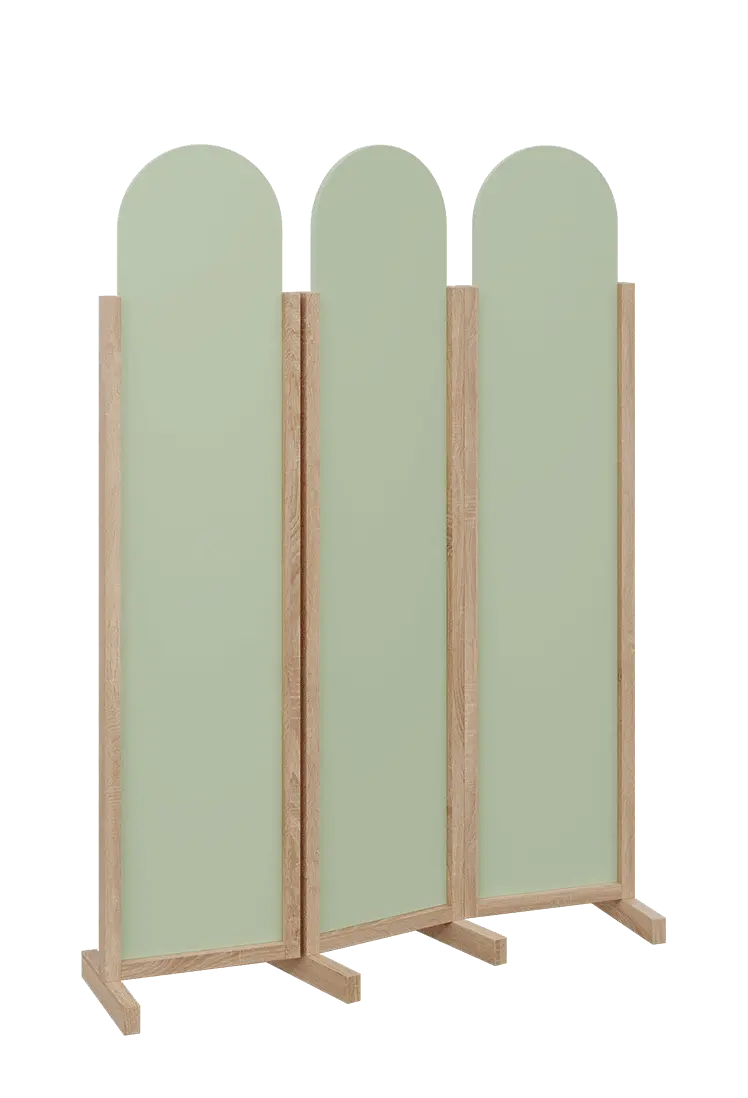 ATMOSFERE ROUND 119, dřevěný 3-dílný paraván, mobilní, výška 1900 mm, rám dub bardolino, výplň šedo-zelinkavá