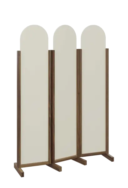 ATMOSFERE ROUND 119, dřevěný 3-dílný paraván, mobilní, výška 1900 mm, rám ořech královský, výplň smetanová