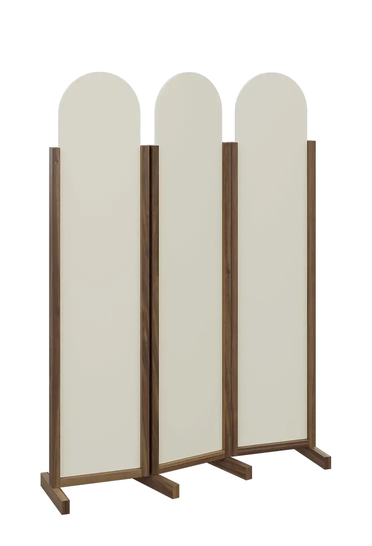 ATMOSFERE ROUND 119, dřevěný 3-dílný paraván, mobilní, výška 1900 mm, rám ořech královský, výplň smetanová