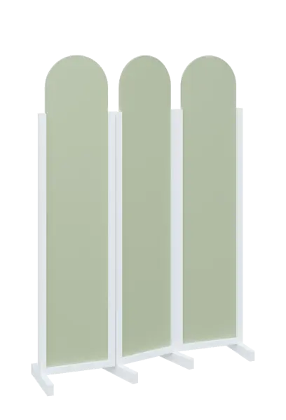 ATMOSFERE ROUND 119, dřevěný 3-dílný paraván, mobilní, výška 1900 mm, rám bílá, výplň šedo-zelinkavá