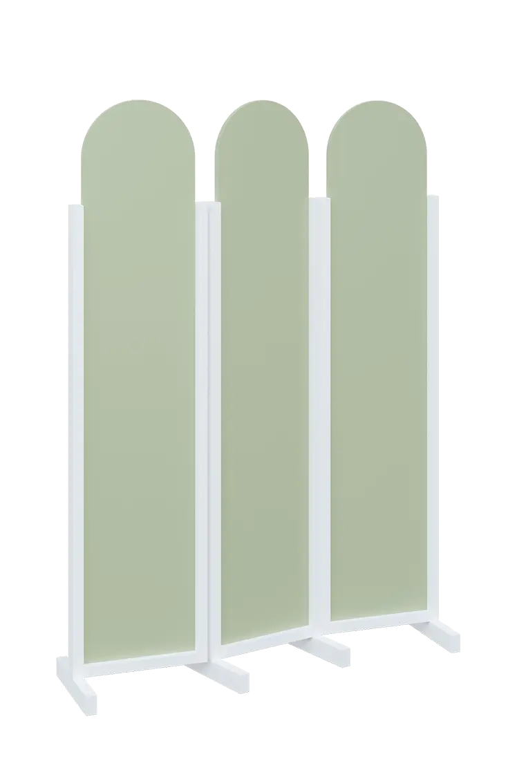 ATMOSFERE ROUND 119, dřevěný 3-dílný paraván, mobilní, výška 1900 mm, rám bílá, výplň šedo-zelinkavá