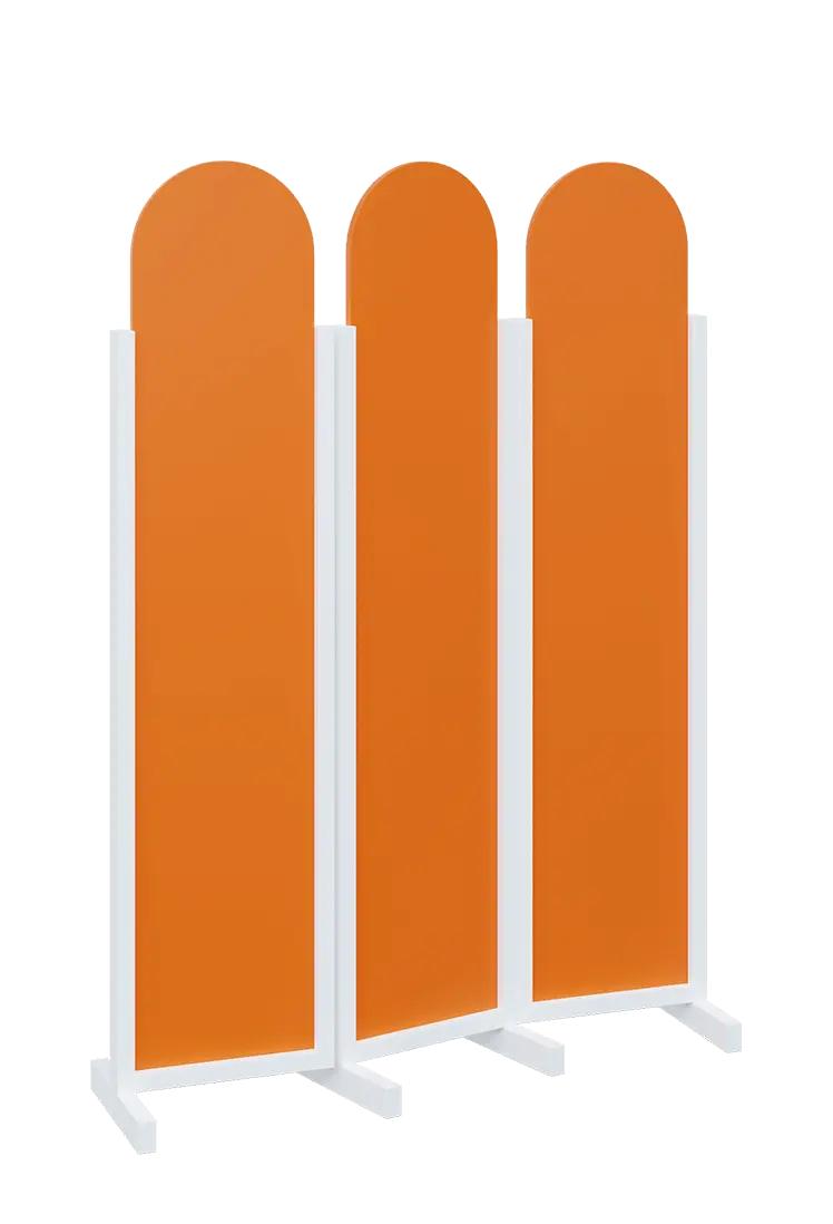 ATMOSFERE ROUND 119, dřevěný 3-dílný paraván, mobilní, výška 1900 mm, rám bílá, výplň pomeranč
