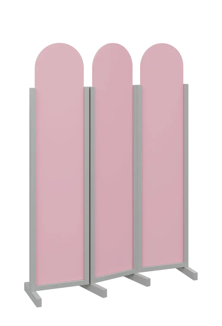 ATMOSFERE ROUND 119, dřevěný 3-dílný paraván, mobilní, výška 1900 mm, rám šedá, výplň pastelově růžová