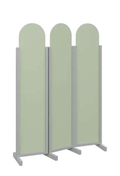 ATMOSFERE ROUND 119, dřevěný 3-dílný paraván, mobilní, výška 1900 mm, rám šedá, výplň šedo-zelinkavá