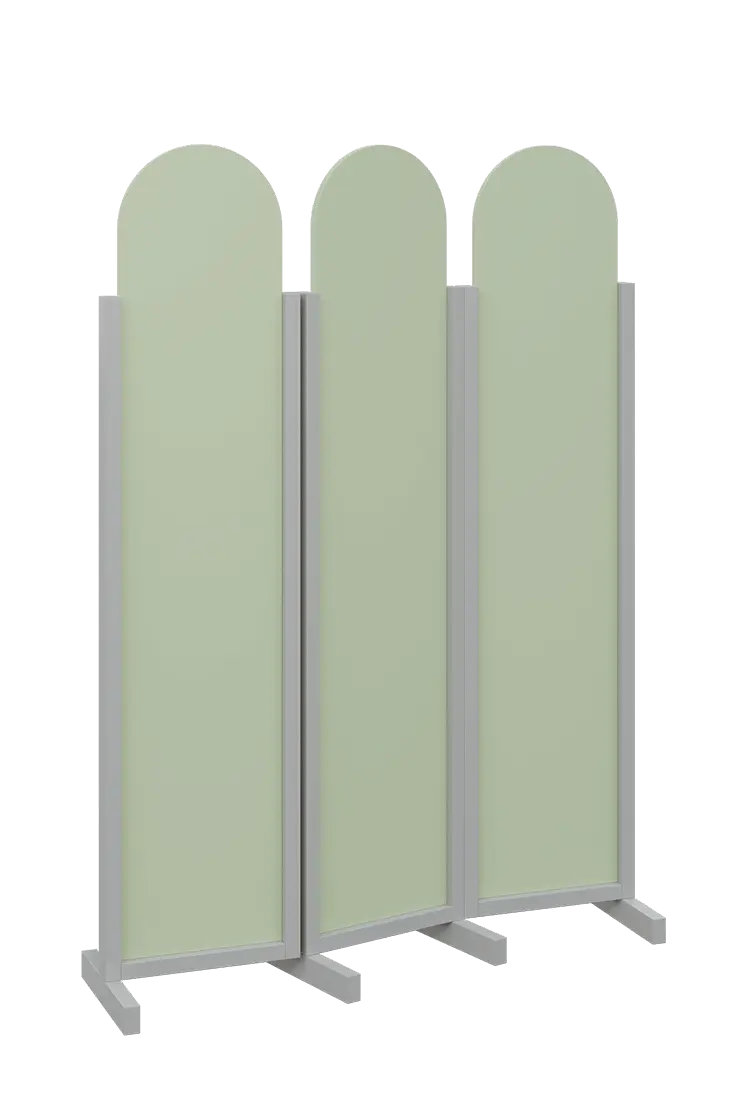 ATMOSFERE ROUND 119, dřevěný 3-dílný paraván, mobilní, výška 1900 mm, rám šedá, výplň šedo-zelinkavá