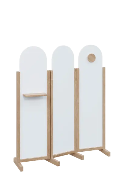 ATMOSFERE ROUND 216, dřevěný 3-dílný paraván, mobilní, výška 1600 mm, rám dub bardolino, výplň bílá, polička, věšák