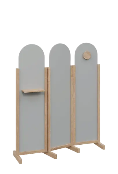 ATMOSFERE ROUND 216, dřevěný 3-dílný paraván, mobilní, výška 1600 mm, rám dub bardolino, výplň šedá, polička, věšák