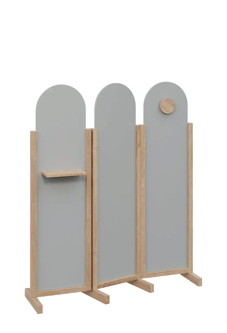 ATMOSFERE ROUND 216, dřevěný 3-dílný paraván, mobilní, výška 1600 mm, rám dub bardolino, výplň šedá, polička, věšák