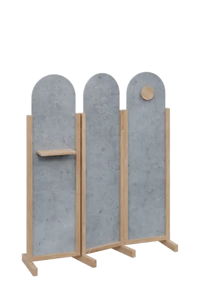 ATMOSFERE ROUND 216, dřevěný 3-dílný paraván, mobilní, výška 1600 mm, rám dub bardolino, výplň beton šedý, polička, věšák