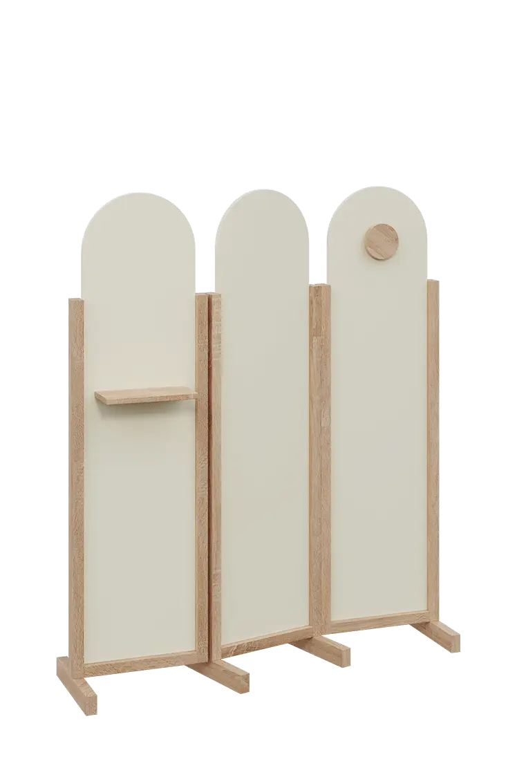 ATMOSFERE ROUND 216, dřevěný 3-dílný paraván, mobilní, výška 1600 mm, rám dub bardolino, výplň smetanová, polička, věšák