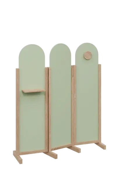 ATMOSFERE ROUND 216, dřevěný 3-dílný paraván, mobilní, výška 1600 mm, rám dub bardolino, výplň šedo-zelinkavá, polička, věšák