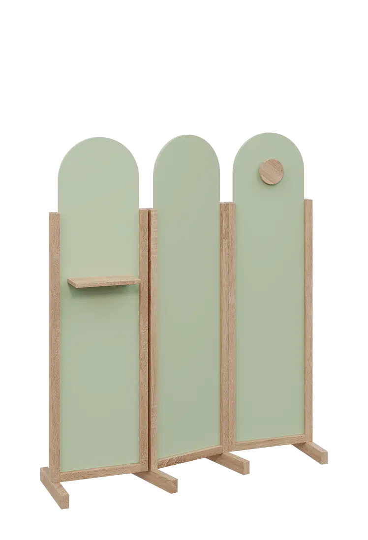 ATMOSFERE ROUND 216, dřevěný 3-dílný paraván, mobilní, výška 1600 mm, rám dub bardolino, výplň šedo-zelinkavá, polička, věšák