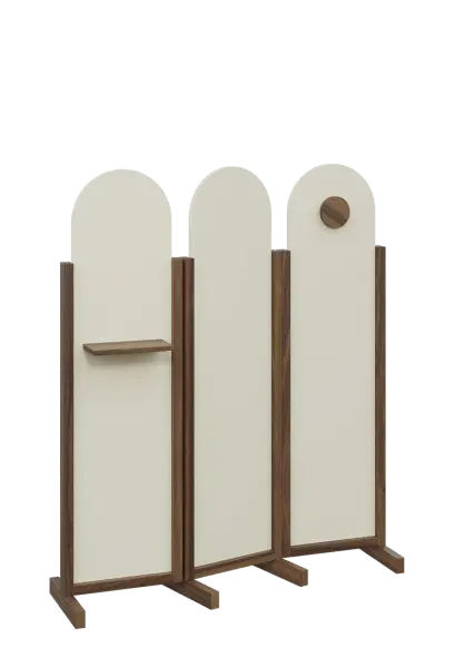 ATMOSFERE ROUND 216, dřevěný 3-dílný paraván, mobilní, výška 1600 mm, rám ořech královský, výplň smetanová, polička, věšák