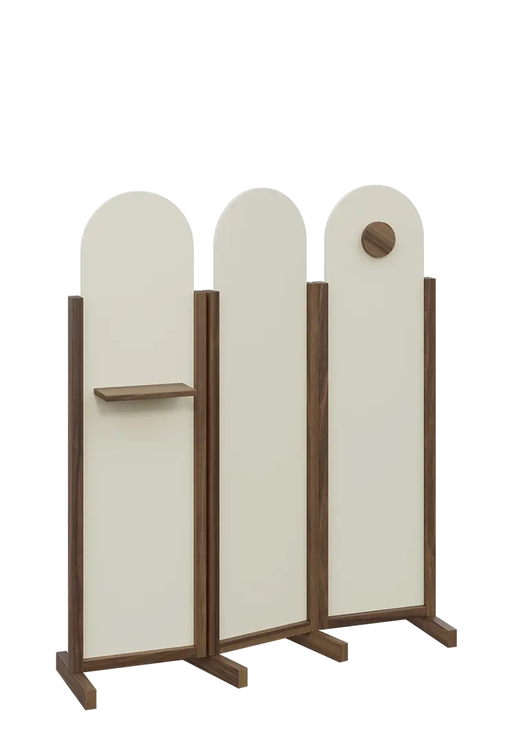 ATMOSFERE ROUND 216, dřevěný 3-dílný paraván, mobilní, výška 1600 mm, rám ořech královský, výplň smetanová, polička, věšák