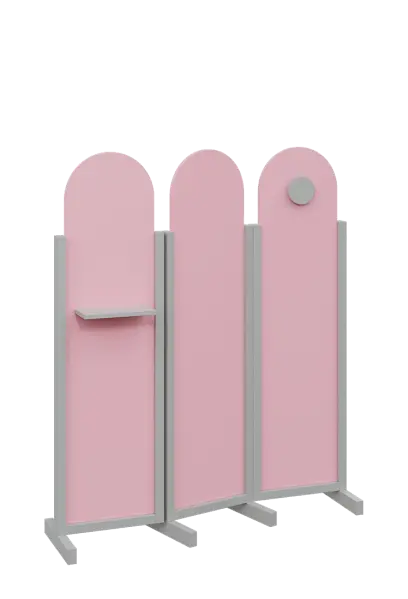 ATMOSFERE ROUND 216, dřevěný 3-dílný paraván, mobilní, výška 1600 mm, rám šedá, výplň pastelově růžová, polička, věšák