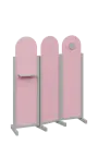 ATMOSFERE ROUND 216, dřevěný 3-dílný paraván, mobilní, výška 1600 mm, rám šedá, výplň pastelově růžová, polička, věšák