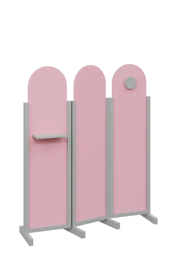 ATMOSFERE ROUND 216, dřevěný 3-dílný paraván, mobilní, výška 1600 mm, rám šedá, výplň pastelově růžová, polička, věšák