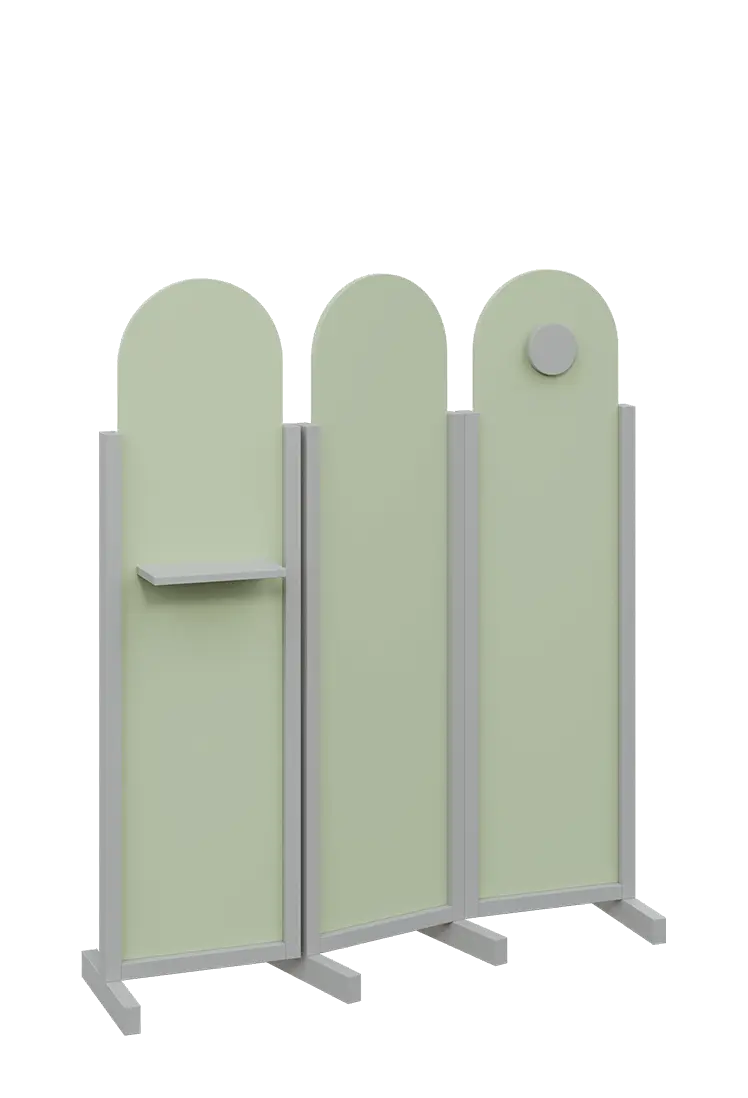 ATMOSFERE ROUND 216, dřevěný 3-dílný paraván, mobilní, výška 1600 mm, rám šedá, výplň šedo-zelinkavá, polička, věšák