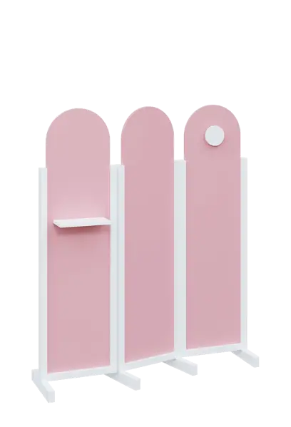 ATMOSFERE ROUND 216, dřevěný 3-dílný paraván, mobilní, výška 1600 mm, rám bílá, výplň pastelově růžová, polička, věšák